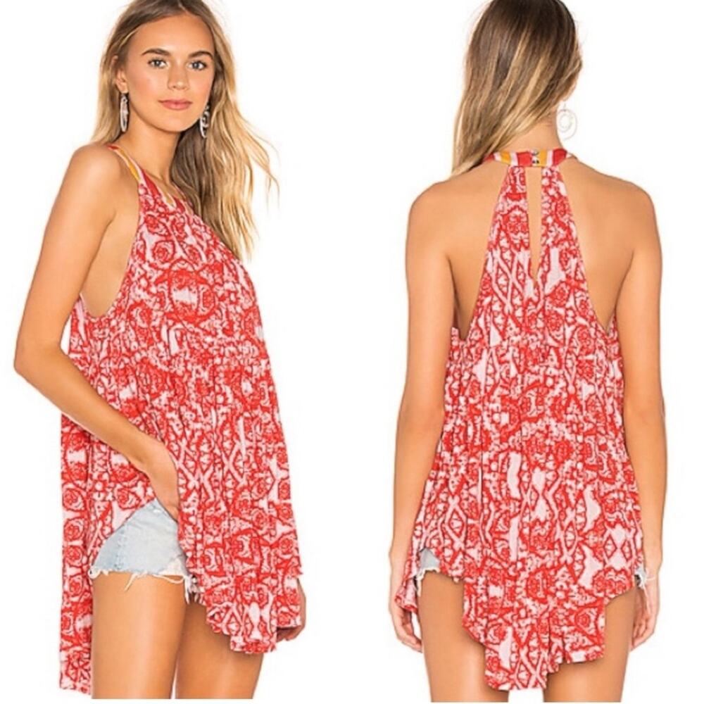 Free People Mimi Tunic Tank Top OB944887 Orange Yellow White Lace Print